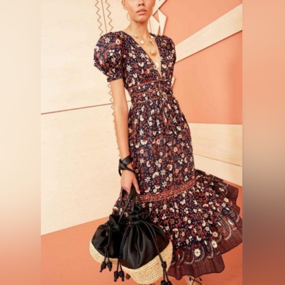 ULLA JOHNSON Zaria Cotton Midi Floral Puff Sleeve Dress Size 6 - Picture 1 of 15